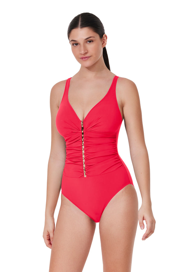 Profile by Gottex Tutti Frutti D-Cup V-Neck Gold Beaded One Piece